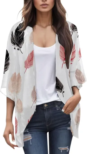 2023 Women's Casual Cardigan Puff Sleeve Floral Lightweight Coats Fall Open Front Cardigans Soft Draped Cardigan Jackets