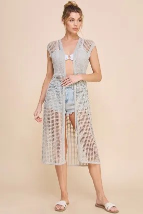Allie Rose Open Weave Knitted Cardigan in Soft Grey