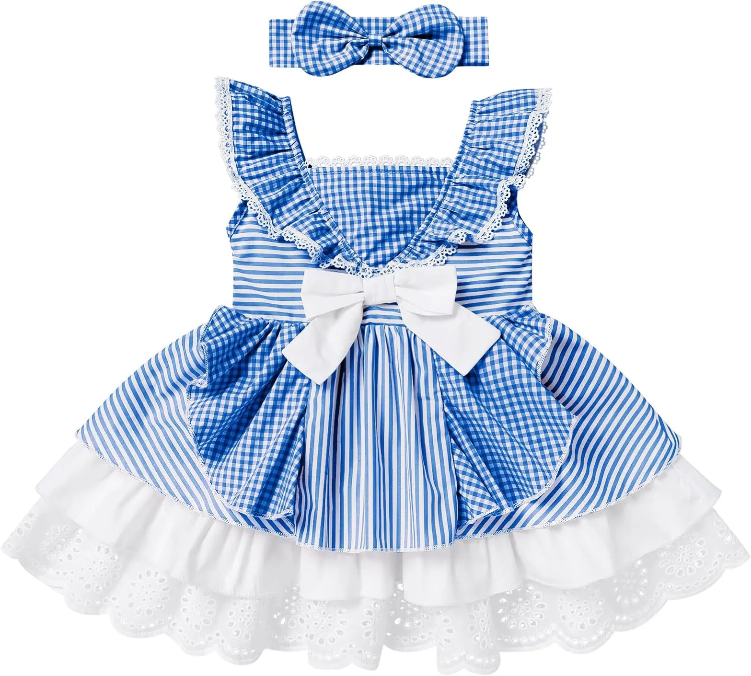 Baby Girl Tutu Dress Summer Sleeveless Plaid Princess Birthday Party Dresses Flower Bowknot Sundress with Headband Set