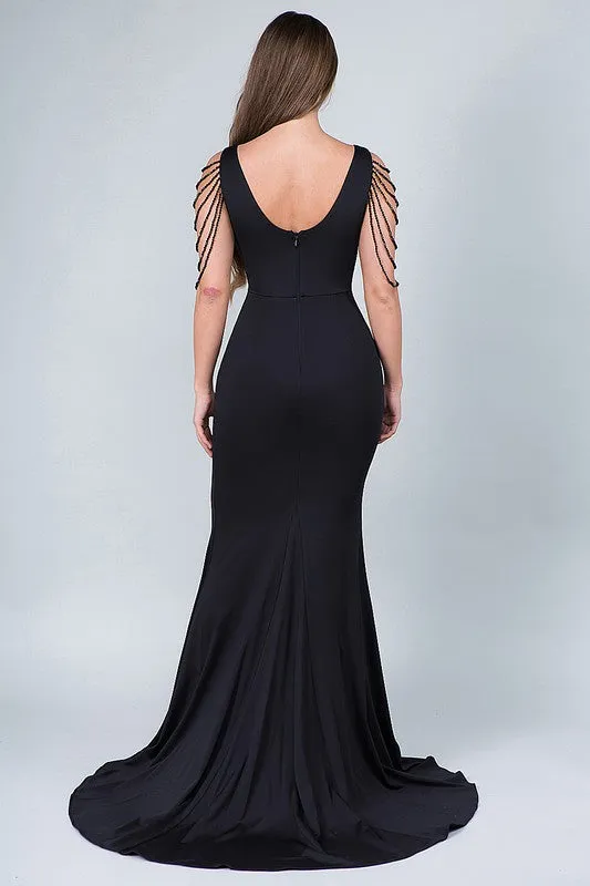 Black Shoulder Bead Detail Body Con Maxi