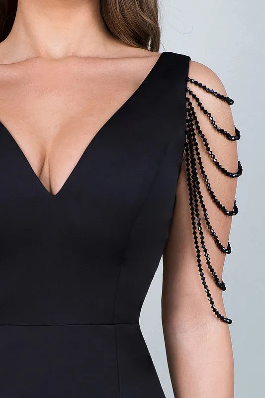 Black Shoulder Bead Detail Body Con Maxi