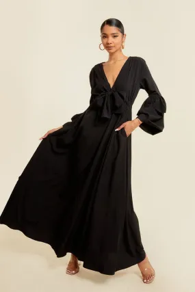 Black V Neck Tie Up Maxi Dress