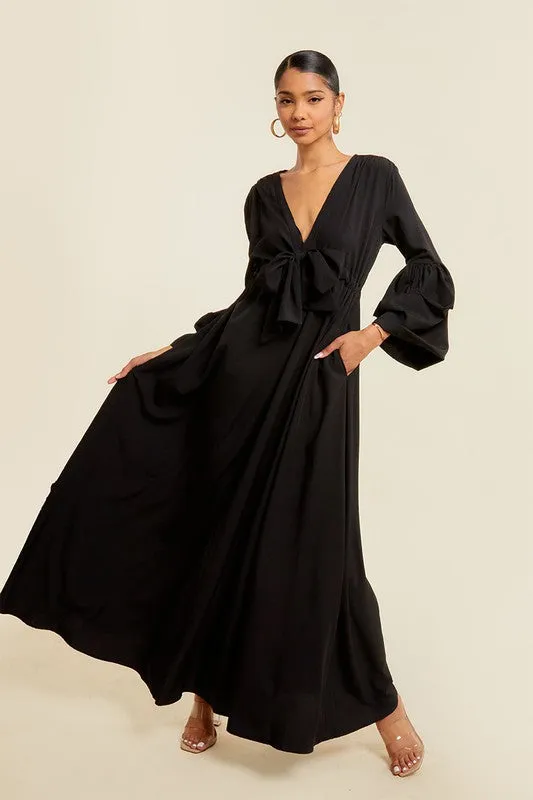 Black V Neck Tie Up Maxi Dress