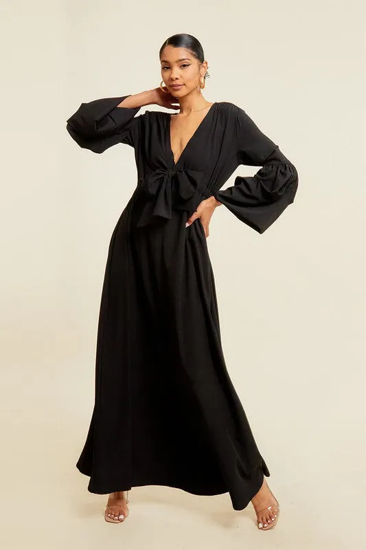 Black V Neck Tie Up Maxi Dress