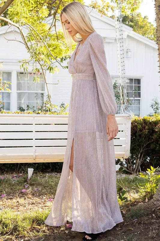 Blush Silver Shimmery Long Sleeve Maxi Dress