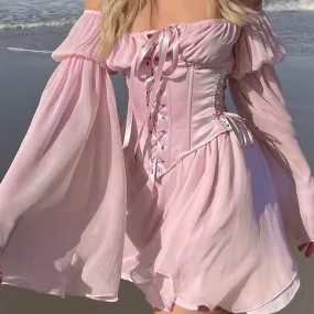 Bonnyshow Fairy Pink Chiffon Mini Dress Chic Women Bandage Corset Vintage Long Puff Sleeve Sundress Slash Neck Bridesmaid Bodycon Beach