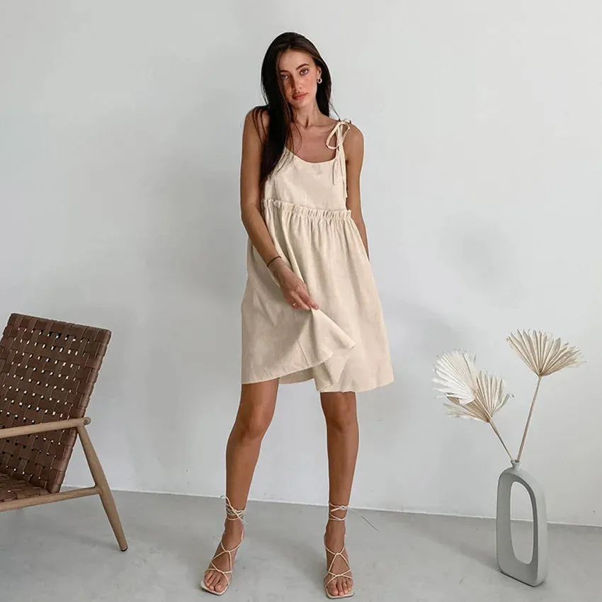 Bonnyshow New In Cotton Linen Summer Dress Women 2024 Sexy Sleeveless Bandage Lace Up Chic Elegant Party Club Mini Dresses Beach Sundress