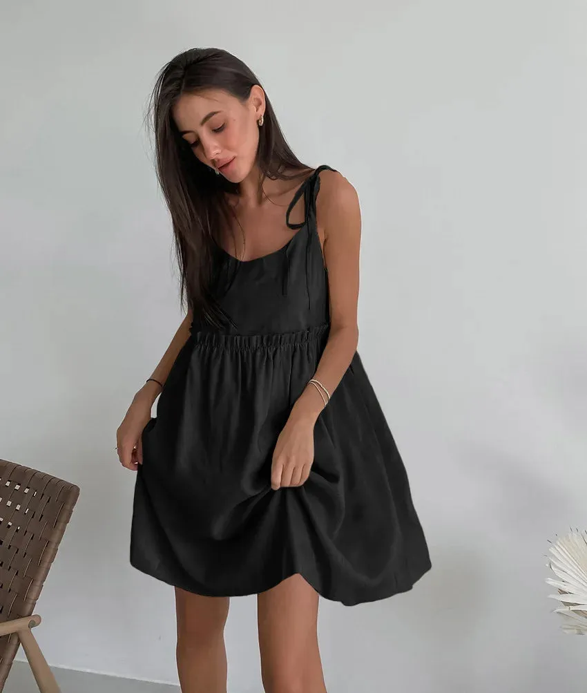 Bonnyshow New In Cotton Linen Summer Dress Women 2024 Sexy Sleeveless Bandage Lace Up Chic Elegant Party Club Mini Dresses Beach Sundress