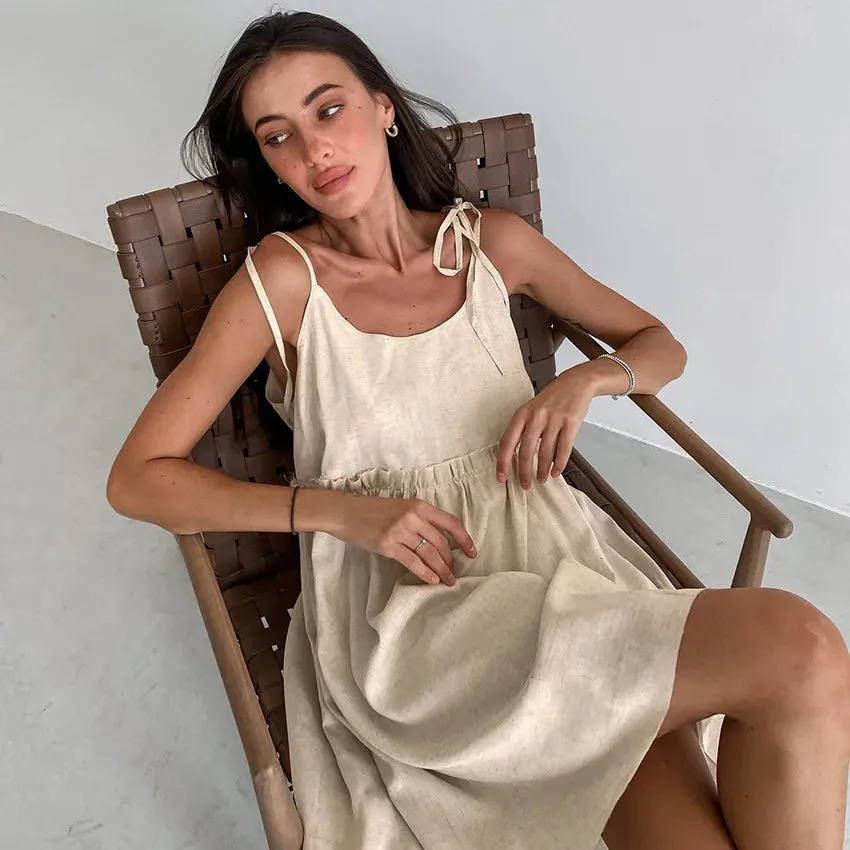 Bonnyshow New In Cotton Linen Summer Dress Women 2024 Sexy Sleeveless Bandage Lace Up Chic Elegant Party Club Mini Dresses Beach Sundress