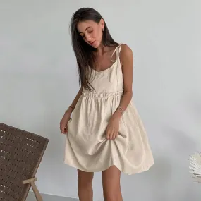 Bonnyshow New In Cotton Linen Summer Dress Women 2024 Sexy Sleeveless Bandage Lace Up Chic Elegant Party Club Mini Dresses Beach Sundress