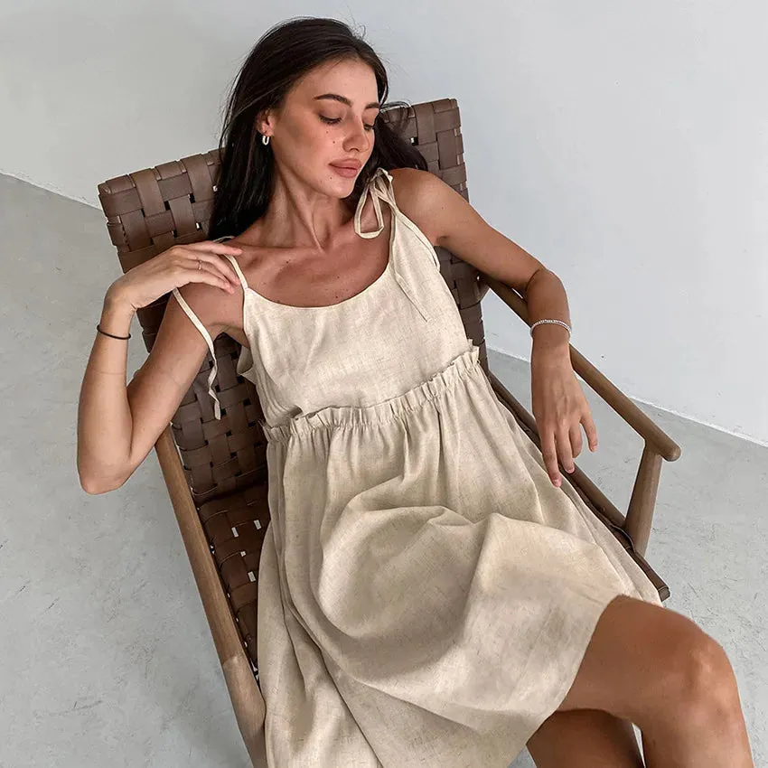 Bonnyshow New In Cotton Linen Summer Dress Women 2024 Sexy Sleeveless Bandage Lace Up Chic Elegant Party Club Mini Dresses Beach Sundress