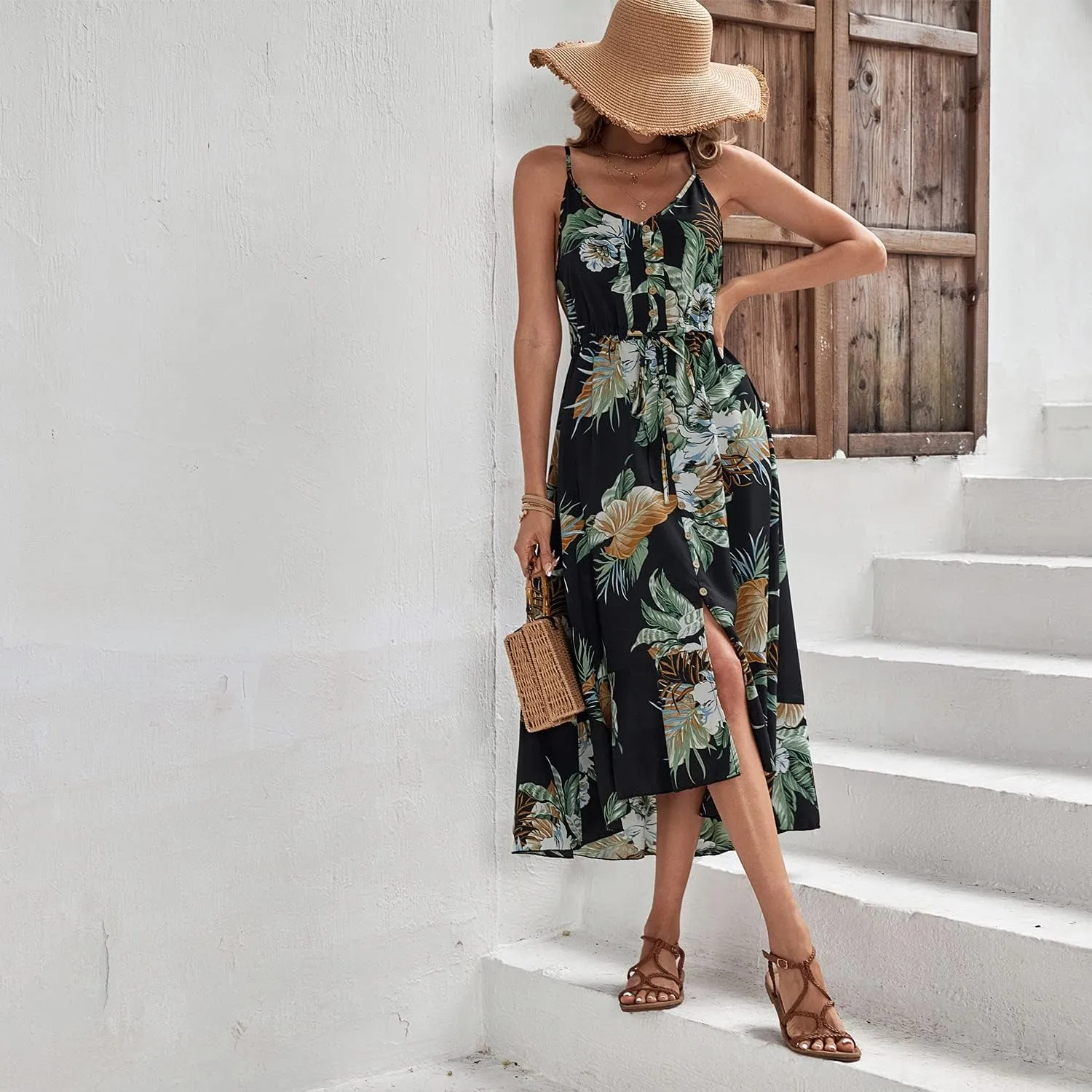 BROVAVE Women's 2025 Summer Casual Boho Sundress Polka Dot Spaghetti Strap V Neck Flowy Midi Dresses