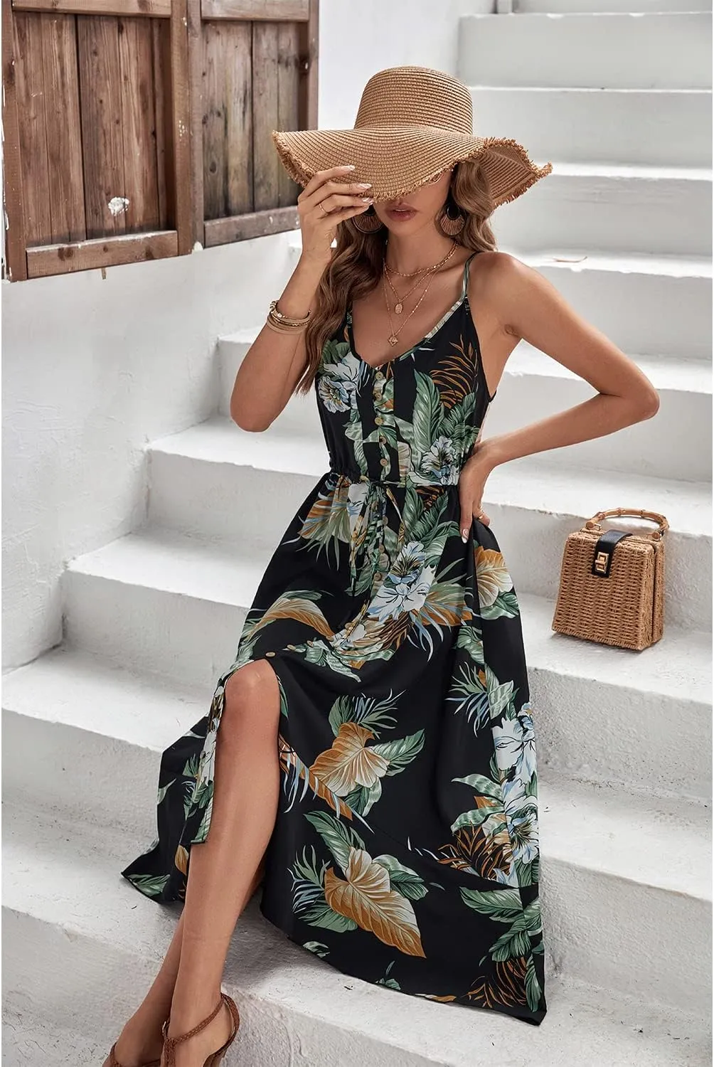 BROVAVE Women's 2025 Summer Casual Boho Sundress Polka Dot Spaghetti Strap V Neck Flowy Midi Dresses