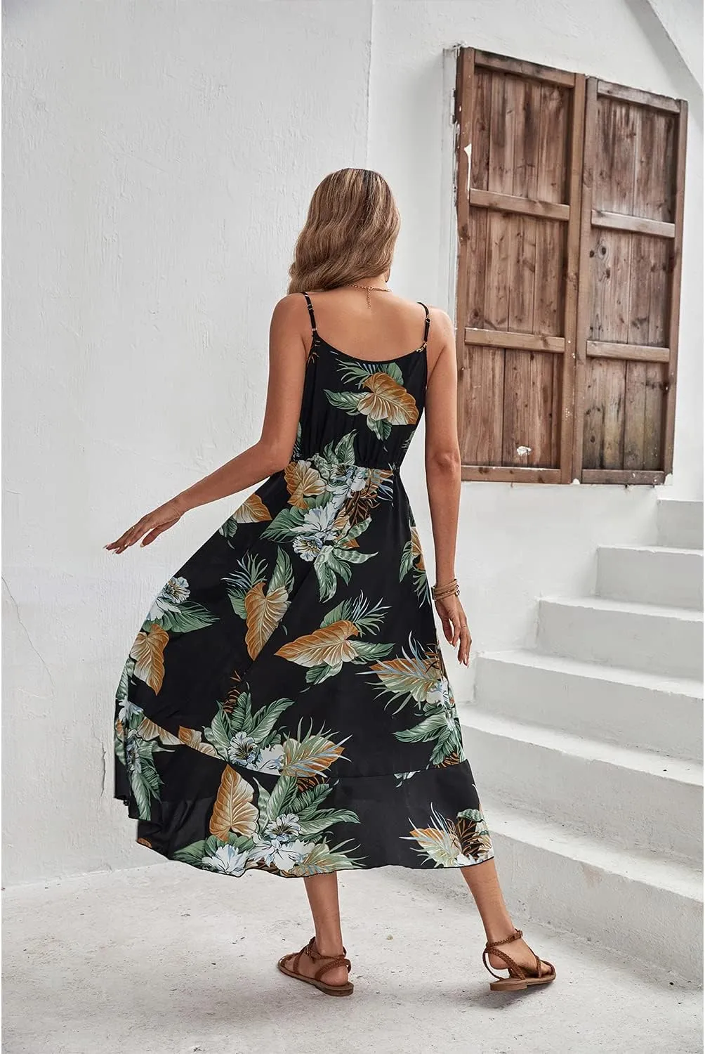 BROVAVE Women's 2025 Summer Casual Boho Sundress Polka Dot Spaghetti Strap V Neck Flowy Midi Dresses