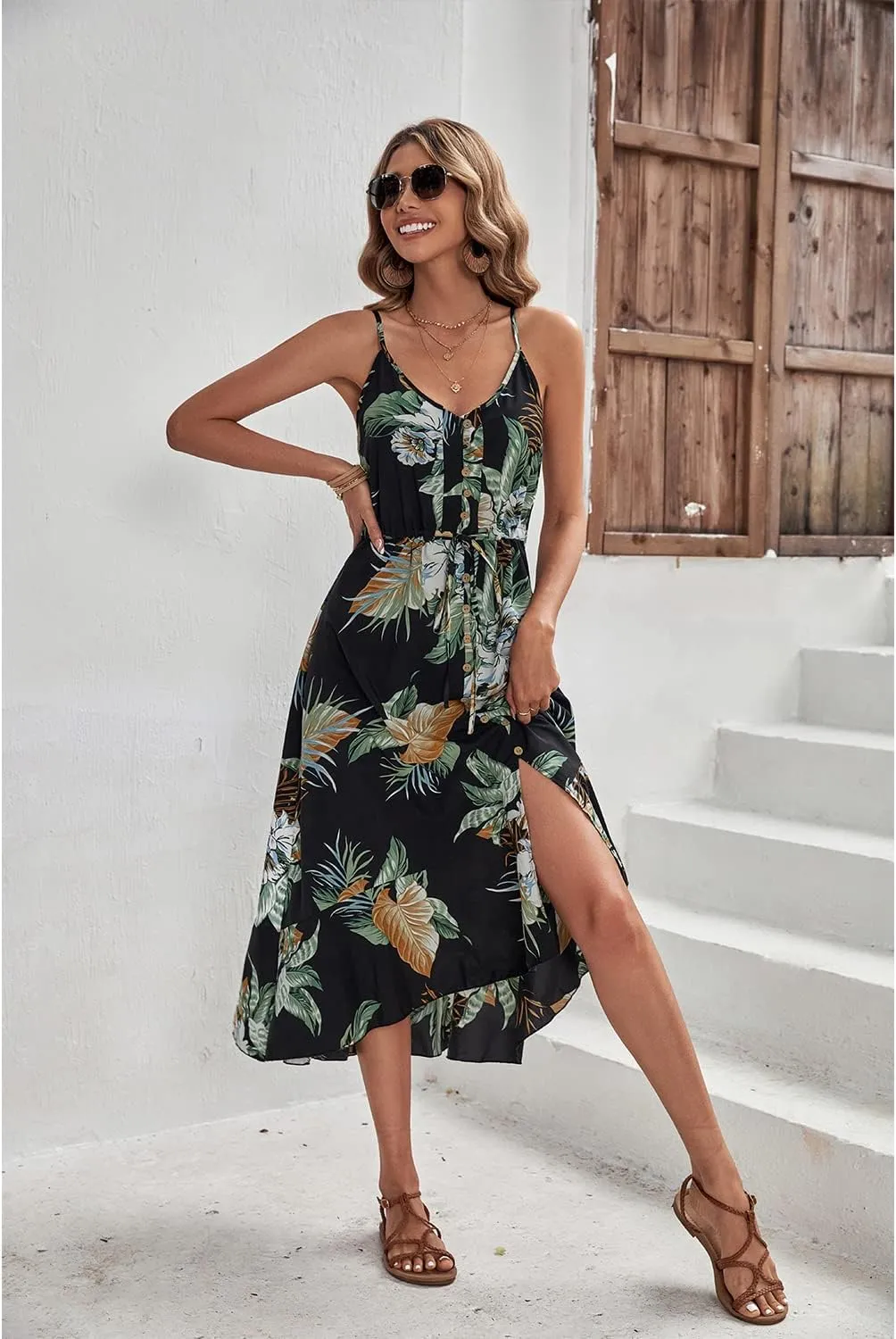 BROVAVE Women's 2025 Summer Casual Boho Sundress Polka Dot Spaghetti Strap V Neck Flowy Midi Dresses