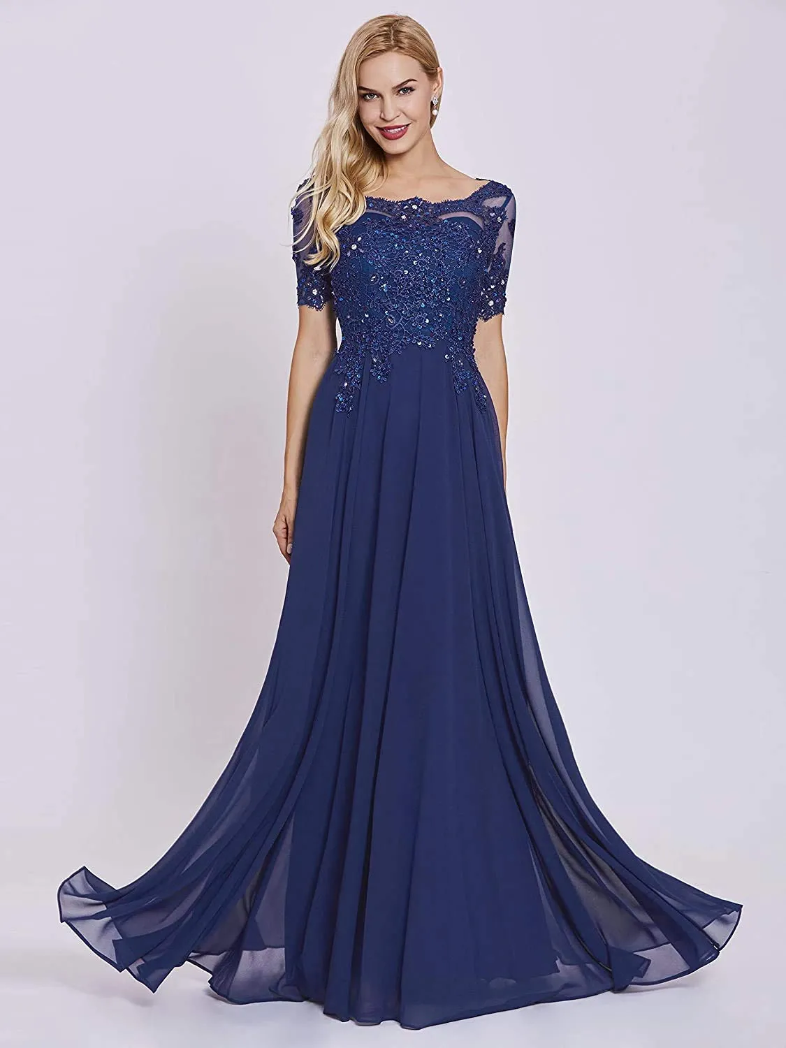 Burnt Orange Women's Long Mother of The Bride Dresses with Sleeves Bateau Neck Beaded Chiffon Maxi Lace Formal Evening Gowns - Lover Kiss