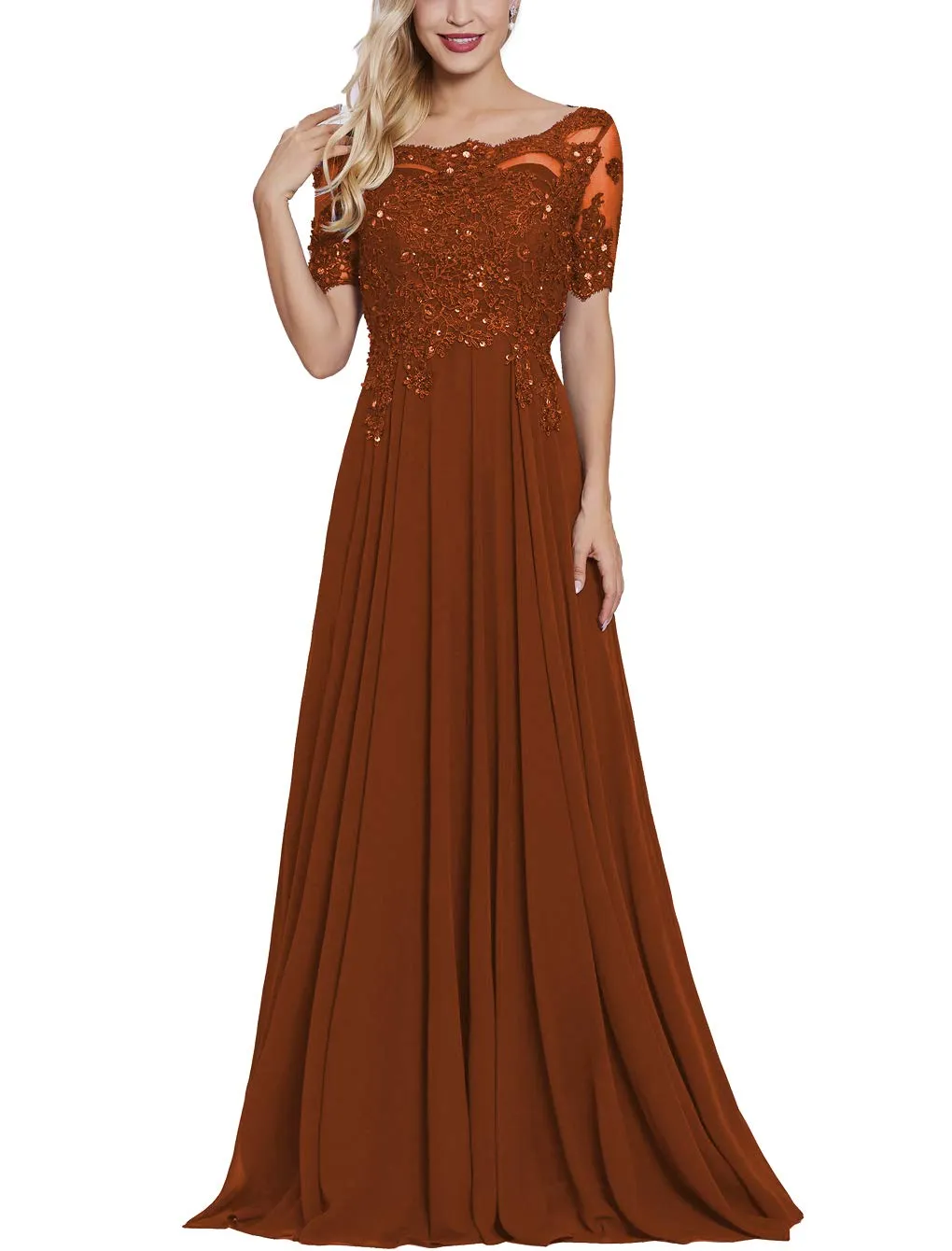 Burnt Orange Women's Long Mother of The Bride Dresses with Sleeves Bateau Neck Beaded Chiffon Maxi Lace Formal Evening Gowns - Lover Kiss
