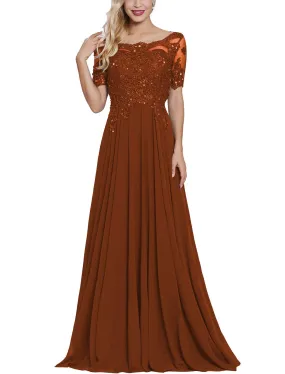 Burnt Orange Women's Long Mother of The Bride Dresses with Sleeves Bateau Neck Beaded Chiffon Maxi Lace Formal Evening Gowns - Lover Kiss