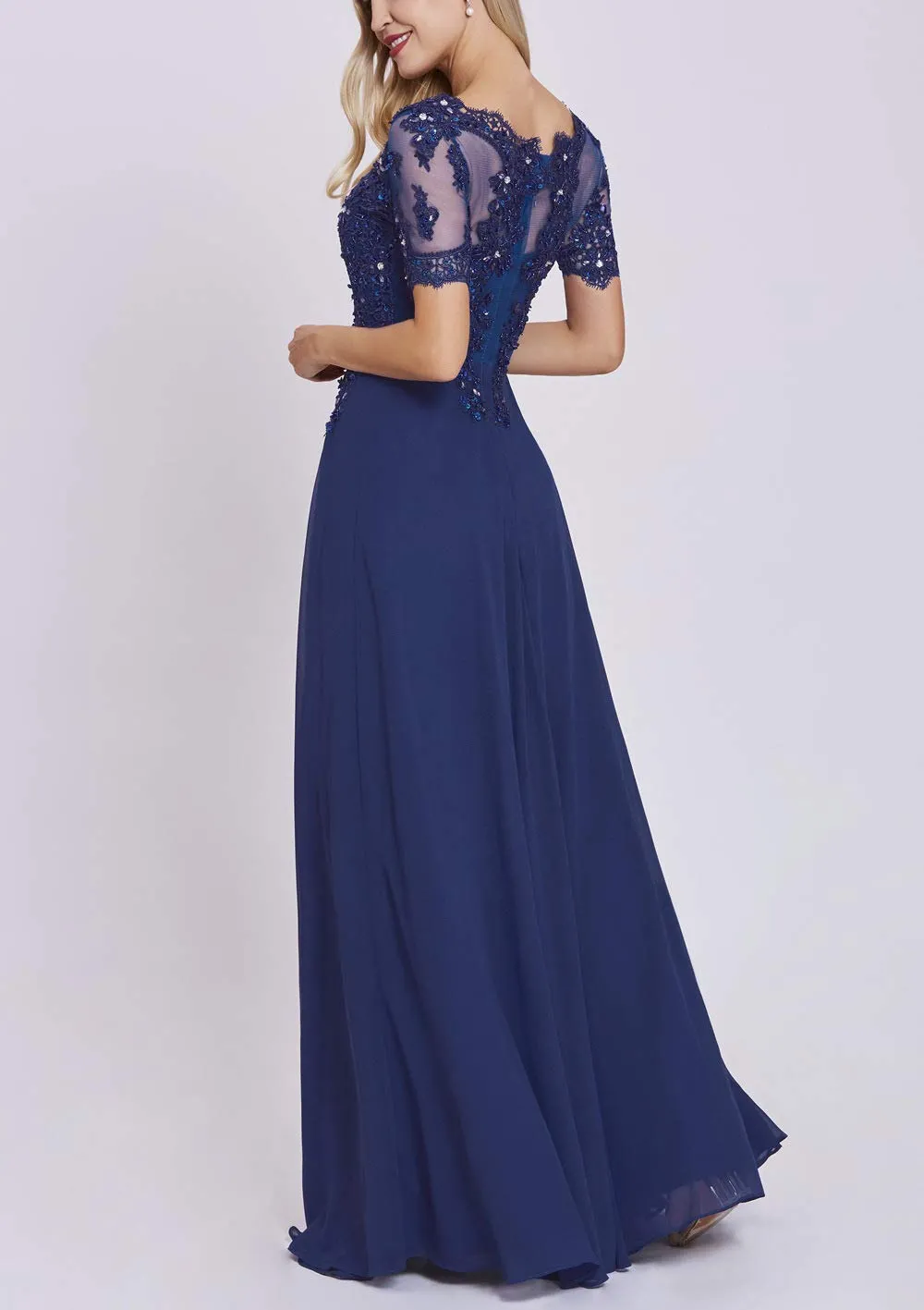 Burnt Orange Women's Long Mother of The Bride Dresses with Sleeves Bateau Neck Beaded Chiffon Maxi Lace Formal Evening Gowns - Lover Kiss