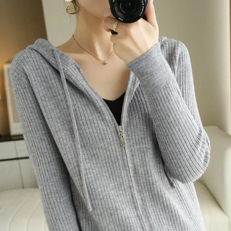 Buttery Soft 100% Pure Merino Wool Knitted  Zipper Hooded Cardigan