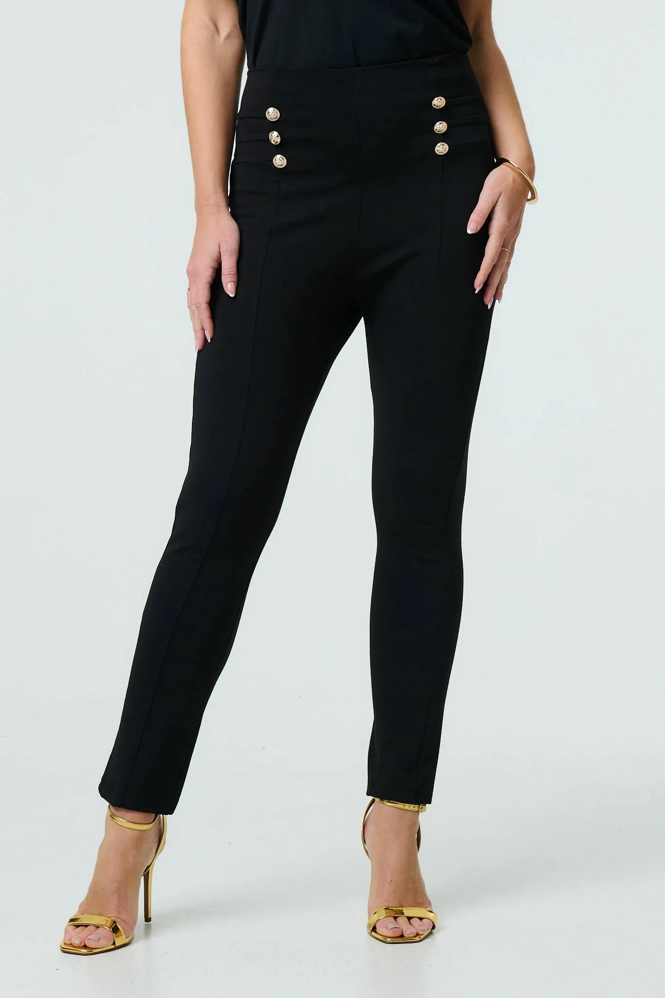 Button Detail High Waist Slim Leggings