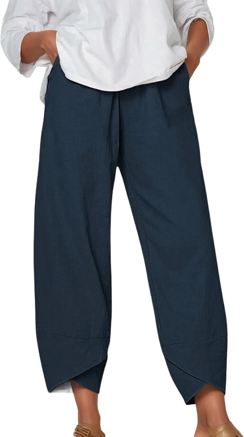 Capris Pants for Women Cotton Linen Baggy Wide Leg Pants Casual Elastic Waisted Palazzo Plus Size Pants with Pockets