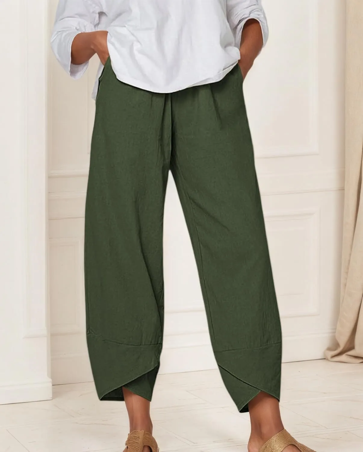 Capris Pants for Women Cotton Linen Baggy Wide Leg Pants Casual Elastic Waisted Palazzo Plus Size Pants with Pockets