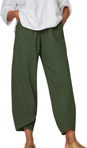 Capris Pants for Women Cotton Linen Baggy Wide Leg Pants Casual Elastic Waisted Palazzo Plus Size Pants with Pockets