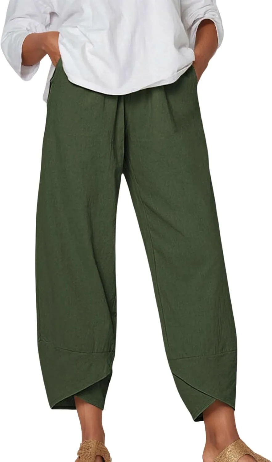 Capris Pants for Women Cotton Linen Baggy Wide Leg Pants Casual Elastic Waisted Palazzo Plus Size Pants with Pockets