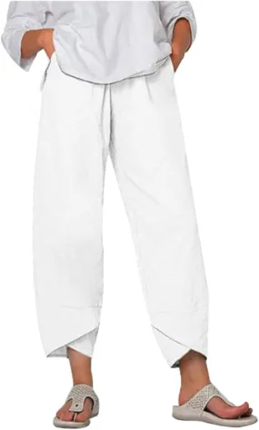 Capris Pants for Womens Cotton Linen Wide Leg Plus Size Cropped Pants Print Comfy Elastic Waist Sweatpants