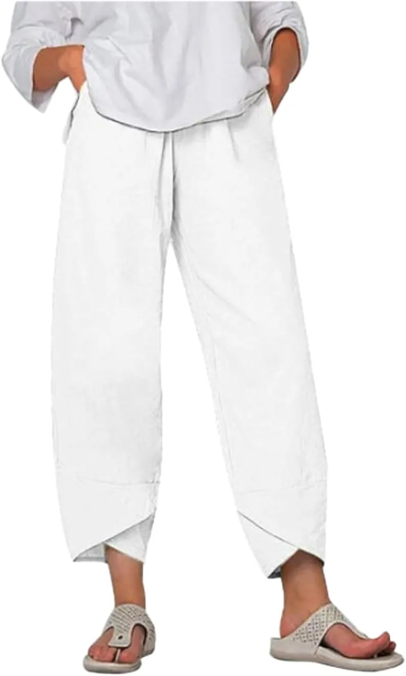Capris Pants for Womens Cotton Linen Wide Leg Plus Size Cropped Pants Print Comfy Elastic Waist Sweatpants