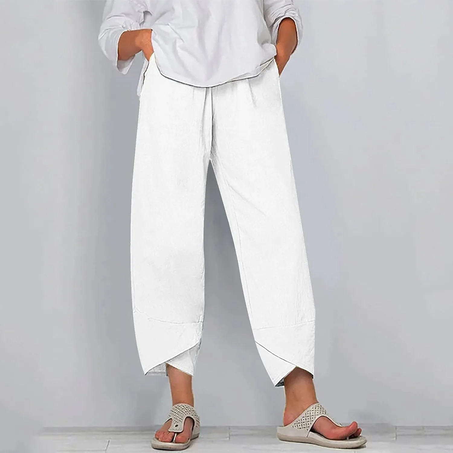 Capris Pants for Womens Cotton Linen Wide Leg Plus Size Cropped Pants Print Comfy Elastic Waist Sweatpants