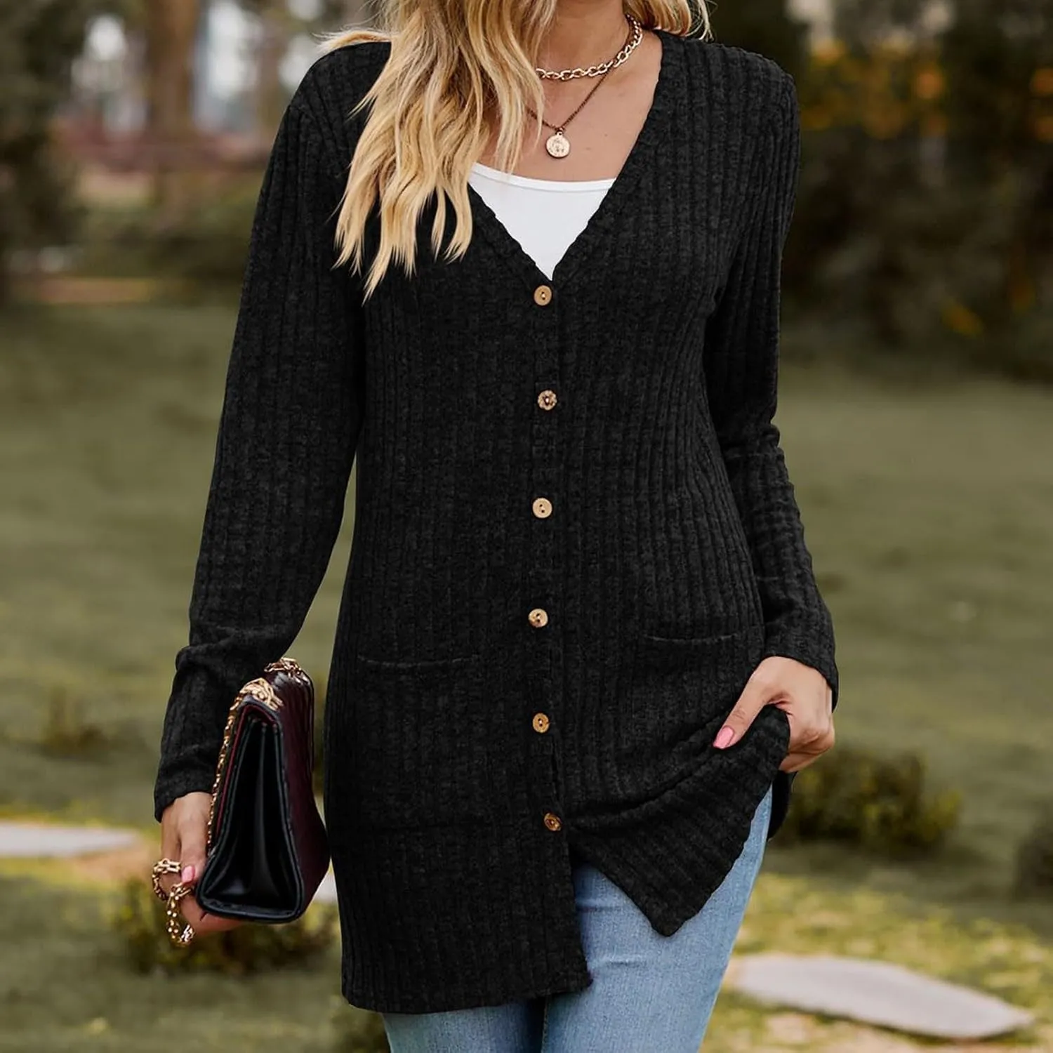 Cardigan Sweaters for Women Fall Casual Open Front Button Down Long Sleeve Cardigan Soft Lightweight Jacket