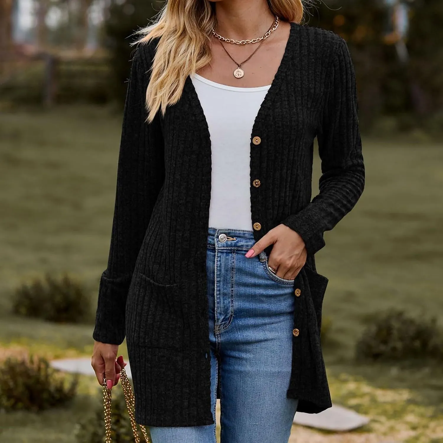 Cardigan Sweaters for Women Fall Casual Open Front Button Down Long Sleeve Cardigan Soft Lightweight Jacket