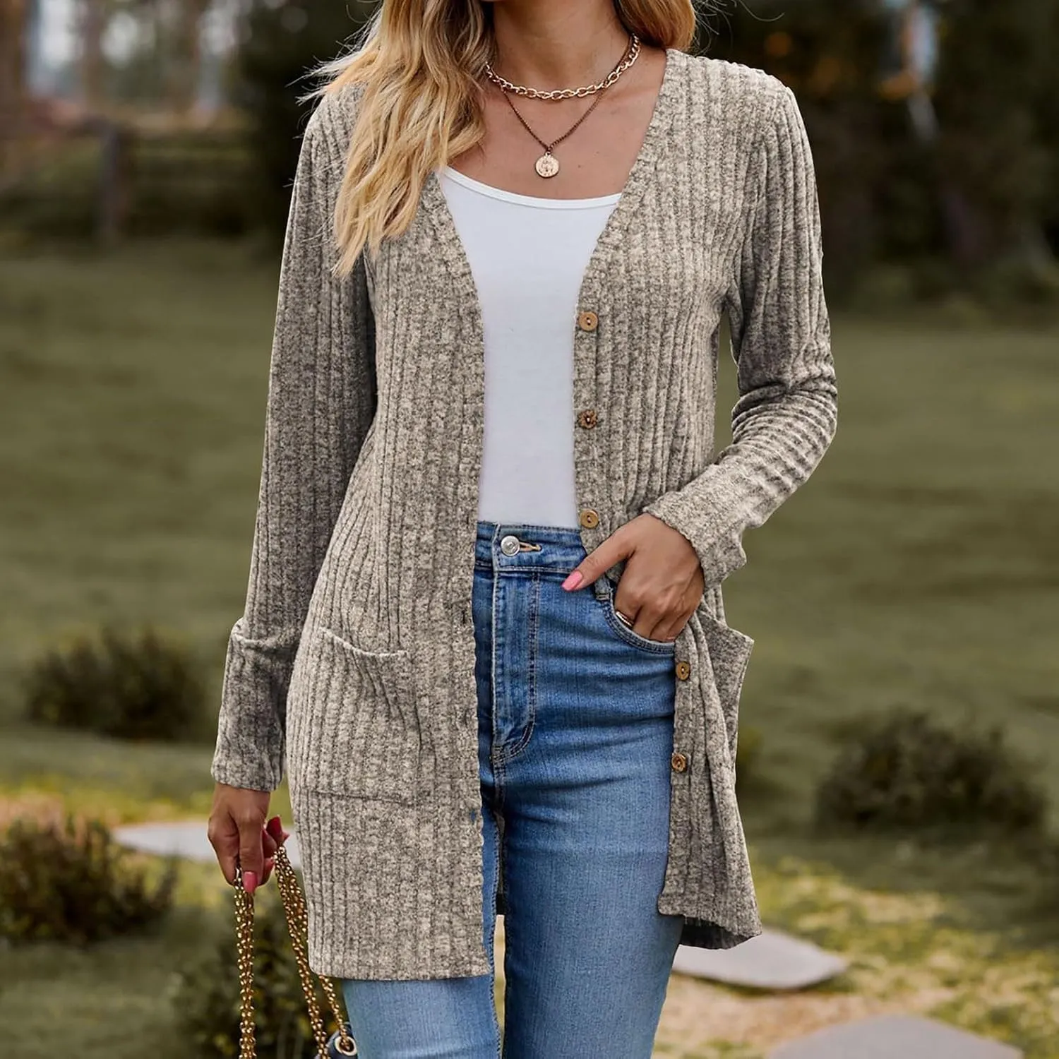 Cardigan Sweaters for Women Fall Casual Open Front Button Down Long Sleeve Cardigan Soft Lightweight Jacket
