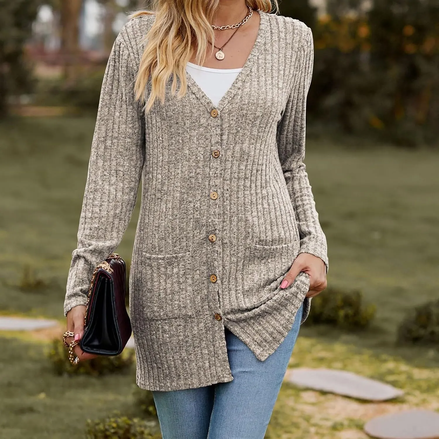 Cardigan Sweaters for Women Fall Casual Open Front Button Down Long Sleeve Cardigan Soft Lightweight Jacket