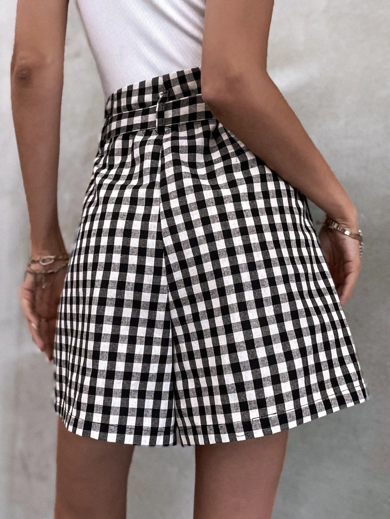 Casual Gingham Belted High Waist Women Shorts