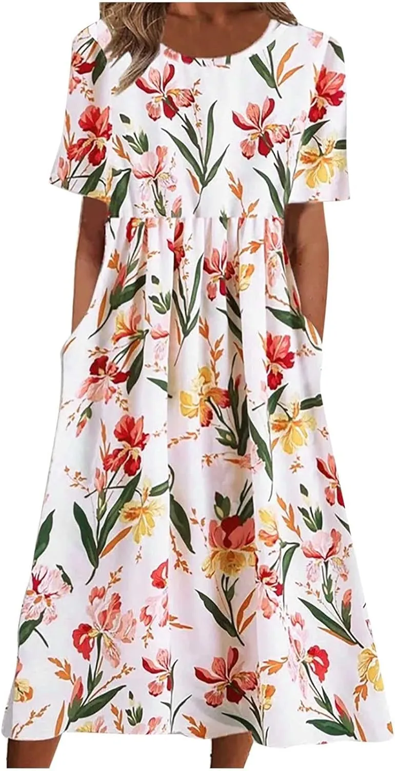 Ceboyel Maxi Dresses for Women 2023 Short Sleeve Casual Tshirt Dresses Floral Print Long Dress Trendy Summer Boho Clothing