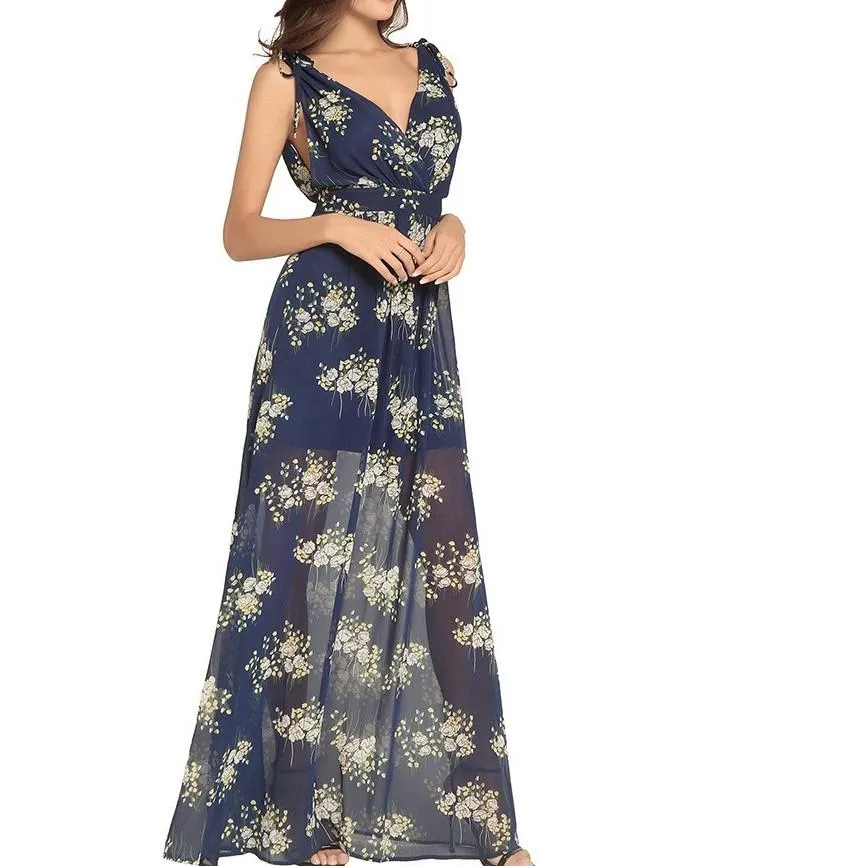 Chiffon Print  V neck Elastic waist High waist Maxi Dresses