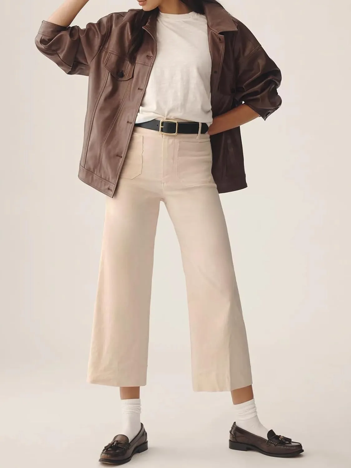 Cicy Bell Womens Cropped Wide Leg Pants High Waisted Stretchy Flare Pants Casual Baggy Trousers