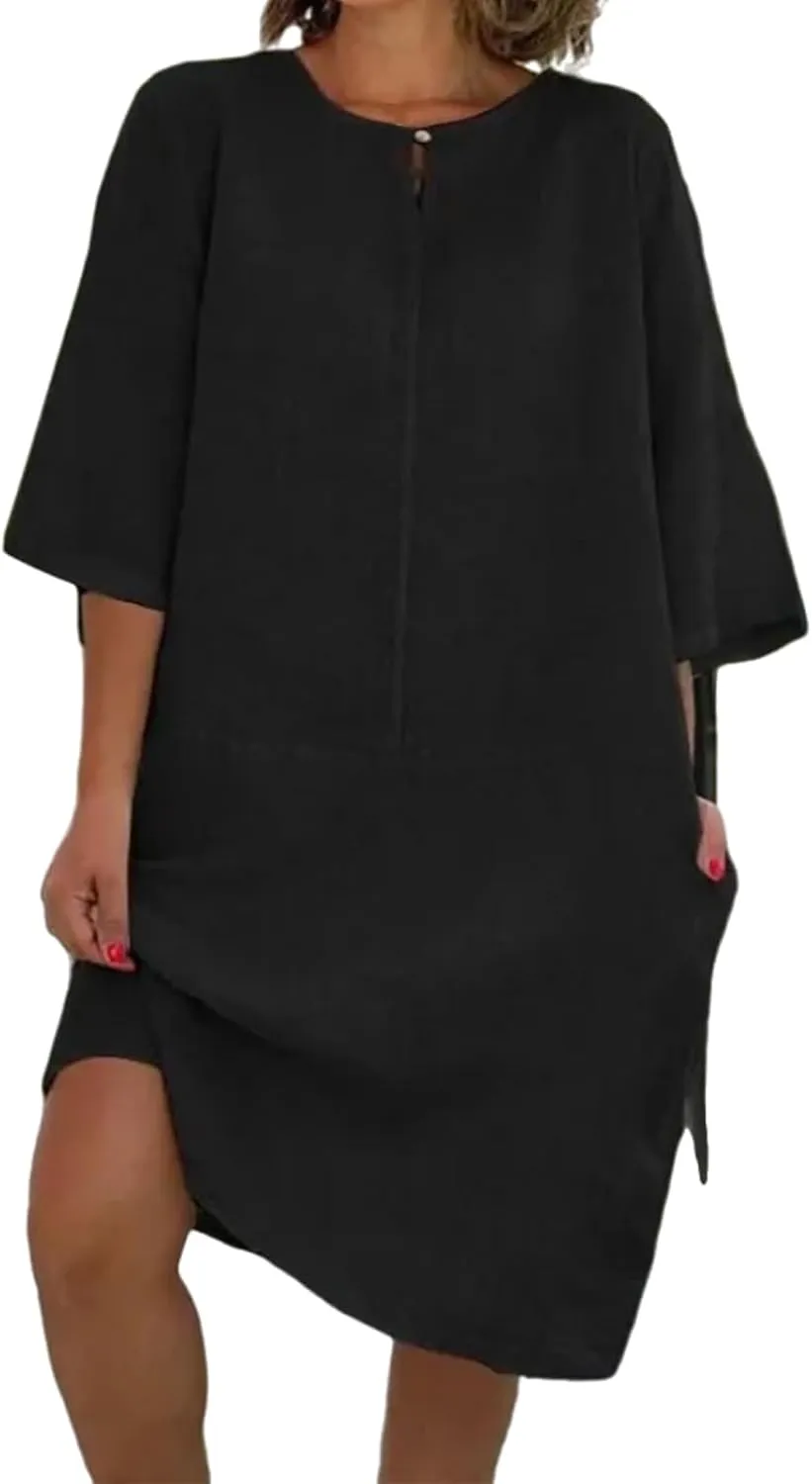 Cotton Linen Dress Women Casual Summer Midi Dresses T Shirt Dress Short Sleeve Beach Vacation Mini Sundress Trendy