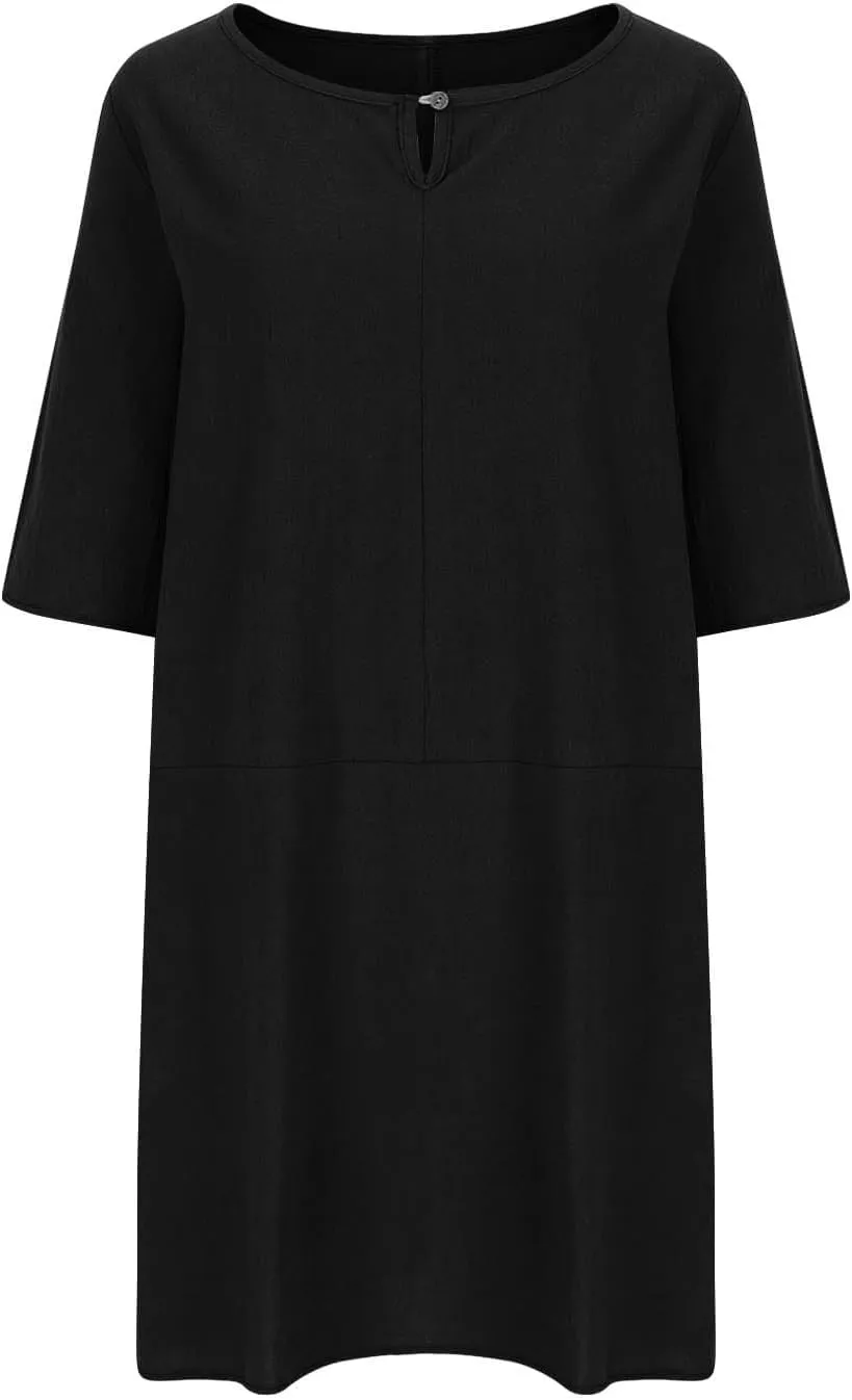 Cotton Linen Dress Women Casual Summer Midi Dresses T Shirt Dress Short Sleeve Beach Vacation Mini Sundress Trendy