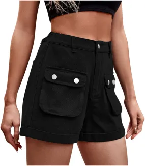 DASAYO 2023 Summer Womens Front Button Pocket Cargo Shorts Elastic Waist Casual Walking Shorts Rolled Hem Casual Denim Shorts