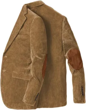 Elbow Welding Corduroy Blazer Sport Coats for Men Slim Fit Single Breasted Winter Warm Jacket Light Brown L
