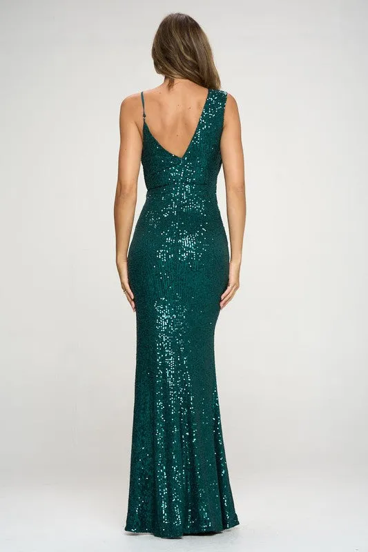 Emerald Green Long Sleeveless Sequined Evening Dress