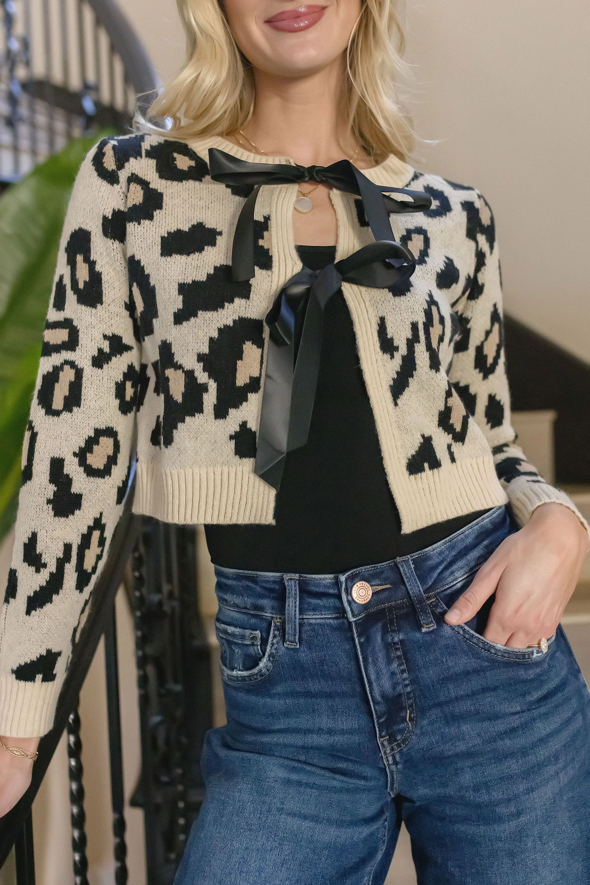 Erin Long Sleeve Bow Tie Leopard Print Cardigan Taupe