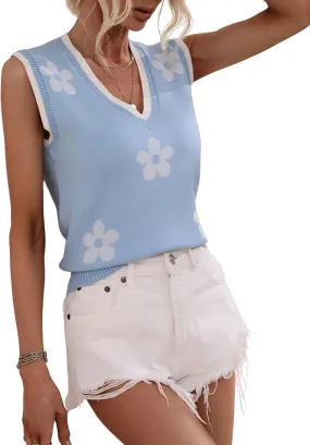 Esmeling Womens V Neck Sleeveless Sweater Vest Cute Flower Knit Sweaters Tops Raglan Solid Ribbed Tank Top