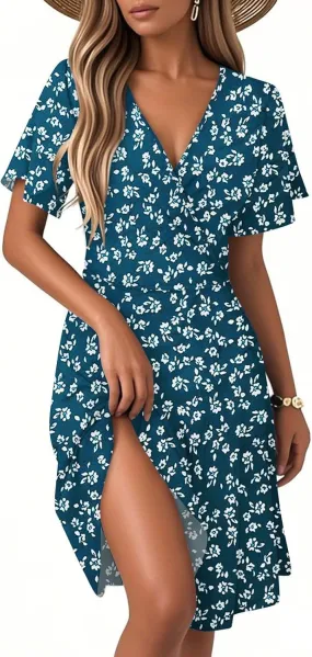 Floral Dress for Women Sexy Wrap V Neck Ruffle Sleeve Empire Waist Bodycon Pleated Dress Knee Length
