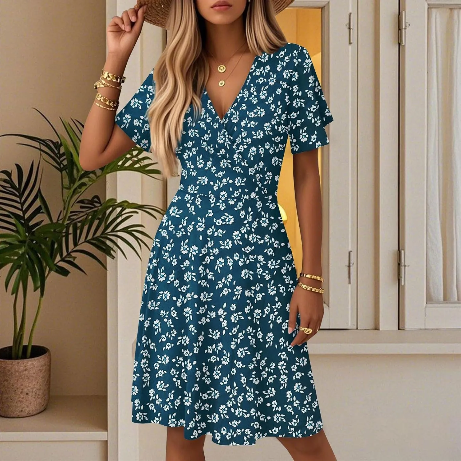 Floral Dress for Women Sexy Wrap V Neck Ruffle Sleeve Empire Waist Bodycon Pleated Dress Knee Length