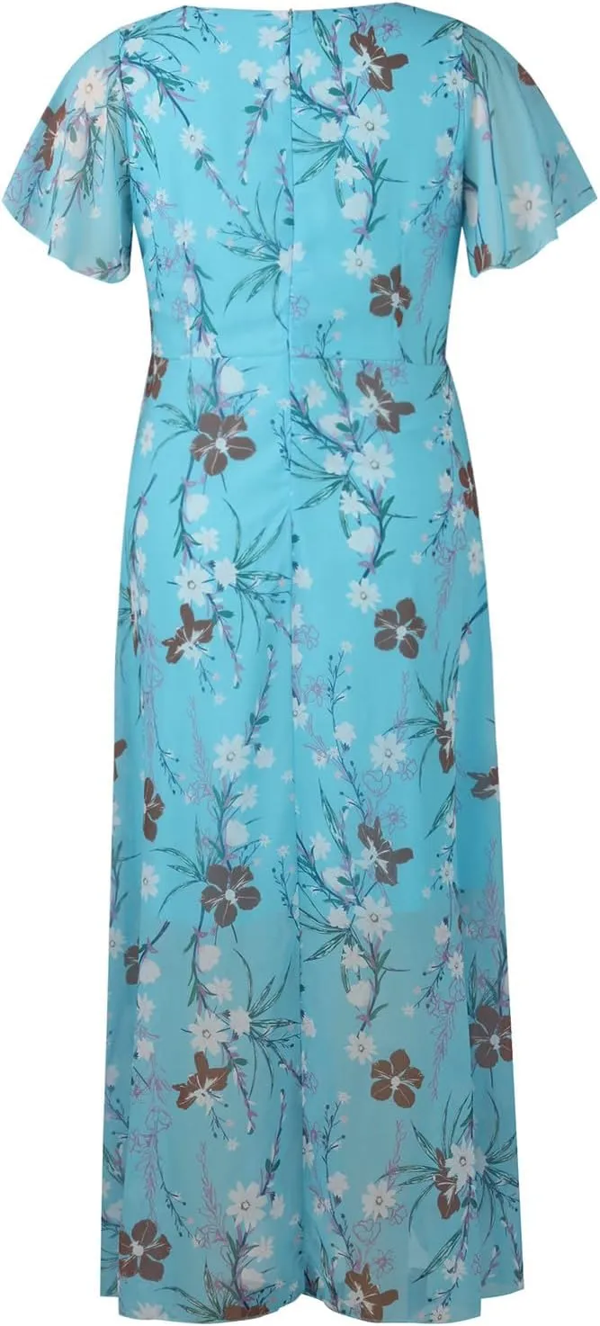 Floral Maxi Dresses for Women 2025 Summer Elegant Flutter Sleeve Long Flowy Dresses Trendy V Neck Chiffon Garden Party Dress